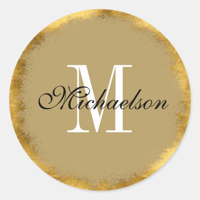 Gold Foil and White Monogram Classic Round Sticker (Front)
