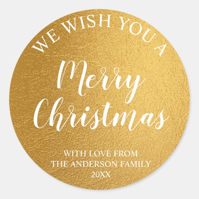 Gold Foil and White Script Merry Christmas Classic Round Sticker (Front)