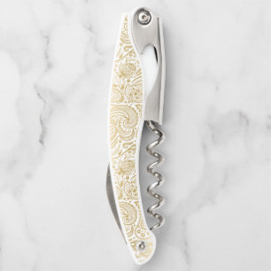 Gold foil and white vintage paisley pattern waiter's corkscrew