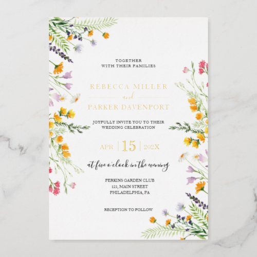 Gold foil anf wildflowers wedding invitation