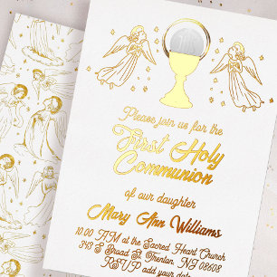  gold foil angels catholic Host First Communion Invitation