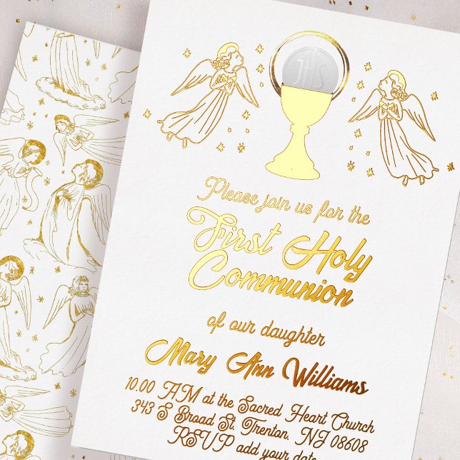  gold foil angels catholic Host First Communion Invitation (Creator Uploaded)