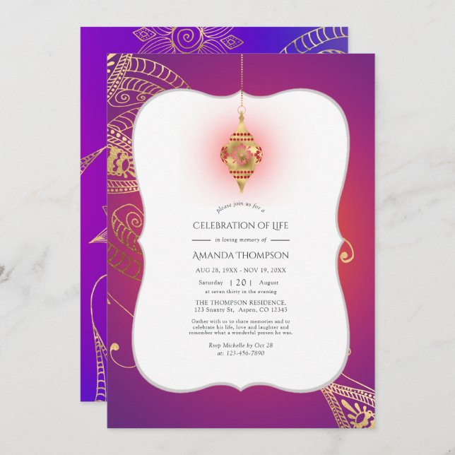 Gold Foil Arabian Bollywood Celebration of Life Invitation (Front/Back)