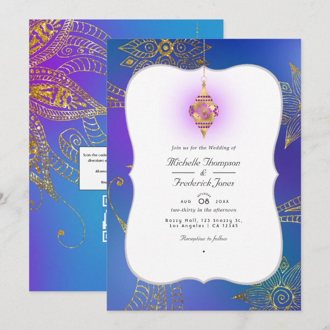 Gold Foil Arabian Bollywood  QR Code RSVP Wedding Invitation (Front/Back)