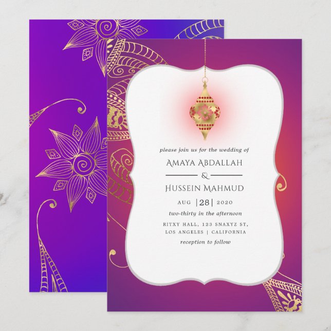Gold Foil Arabian Bollywood Wedding Invitation (Front/Back)