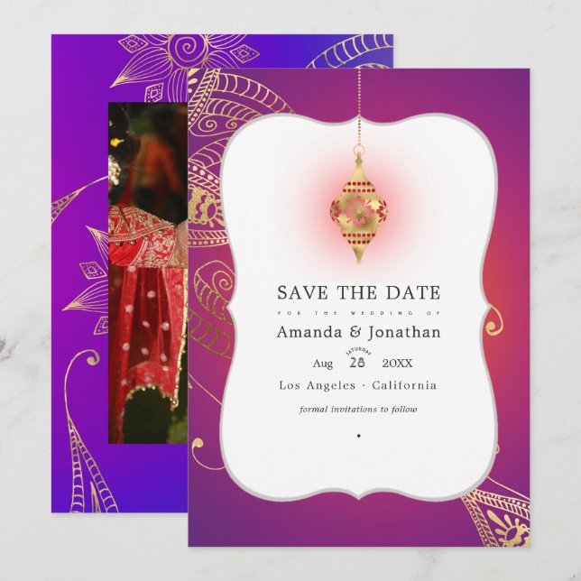 Gold Foil Arabian Bollywood Wedding Photo Save The Date (Front/Back)