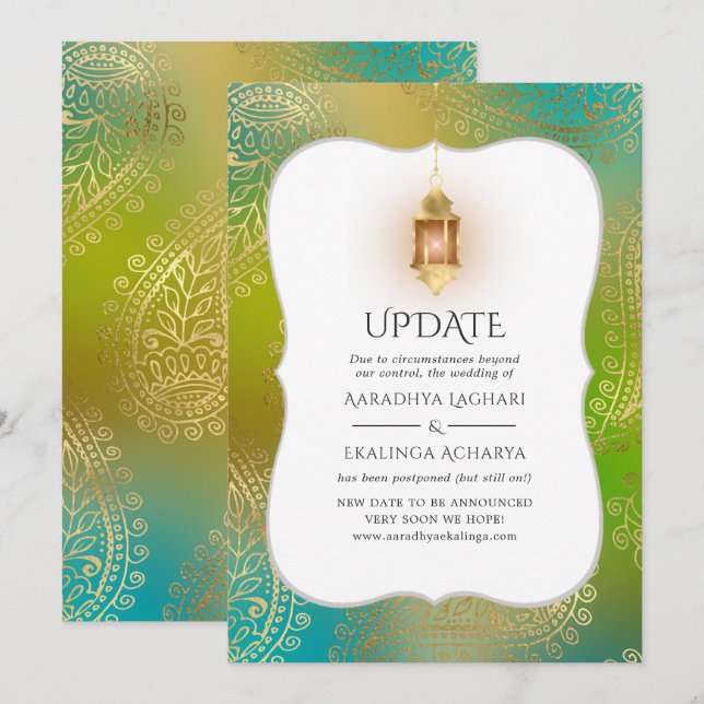 Gold Foil Arabian Bollywood Wedding Update Invitation (Front/Back)