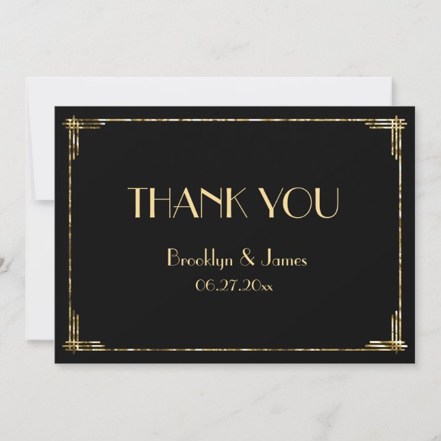 Gold Foil Art Deco Wedding Thank You Cards Black (Front)