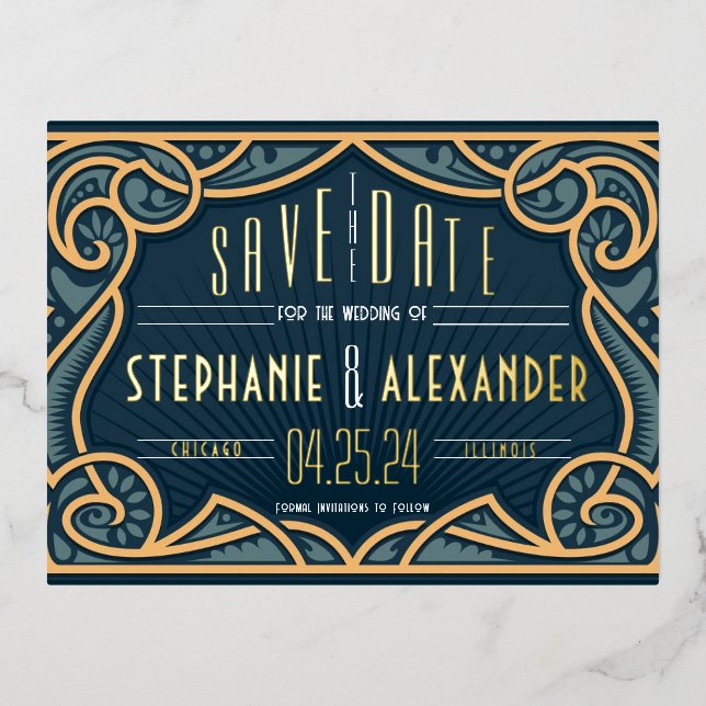 Gold Foil Art Nouveau Save the Date Card (Front)