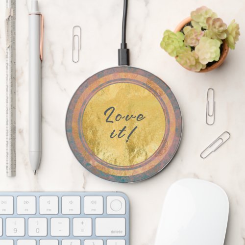 Gold Foil Artistic Blue Rose Grunge Circle  Wireless Charger