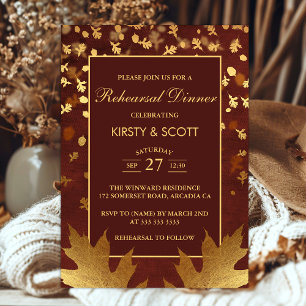 Gold Foil Autumn Fall Leaves Rehearsal Dinner Invitation