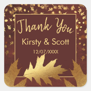 Gold Foil Autumn Fall Leaves Wedding Favor Square Sticker