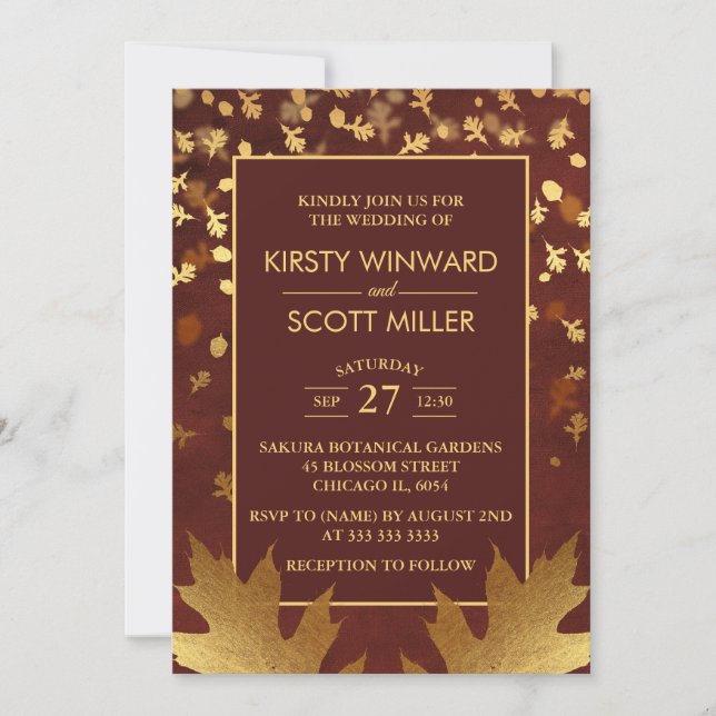 Gold Foil Autumn Fall Leaves Wedding Invitation (Front)