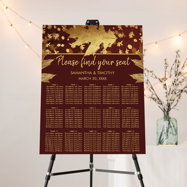 Gold Foil Autumn Fall Leaves Wedding Seating Chart Foam Board (In Situ (Stand))