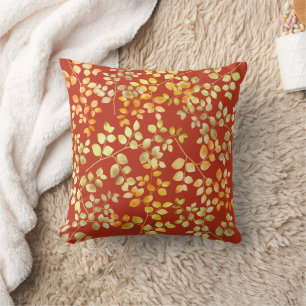 Gold Foil Autumn Fall Orange Brown Green Leaves Throw Pillow