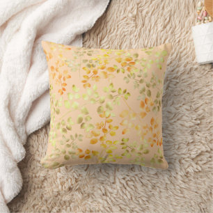 Gold Foil Autumn Fall Orange Brown Green Leaves Throw Pillow