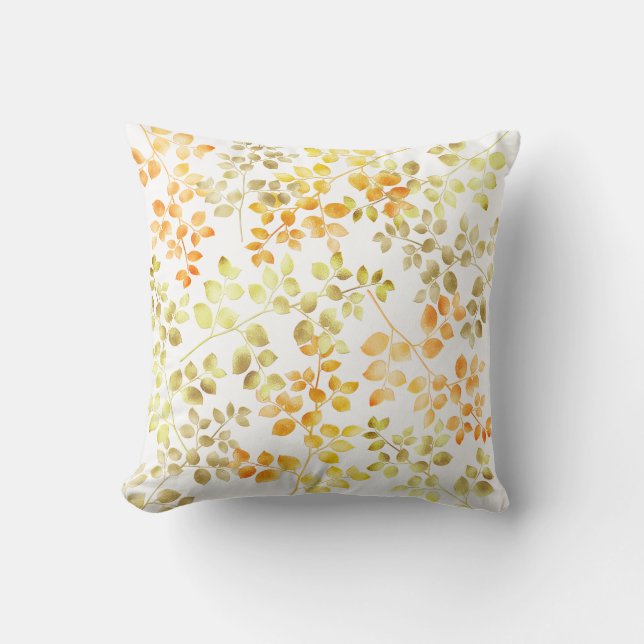 Gold Foil Autumn Fall Orange Brown Green Leaves Throw Pillow (Front)