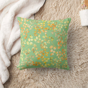 Gold Foil Autumn Fall Orange Brown Green Leaves Throw Pillow