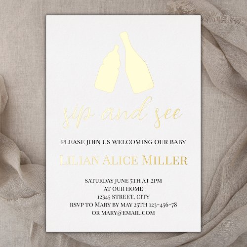 Gold Foil Baby Bottle Champagne Sip And See Foil Invitation