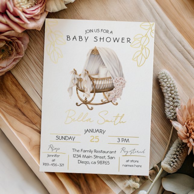 Gold Foil Baby Shower Elegant Script Cradle Foil Invitation (Creator Uploaded)