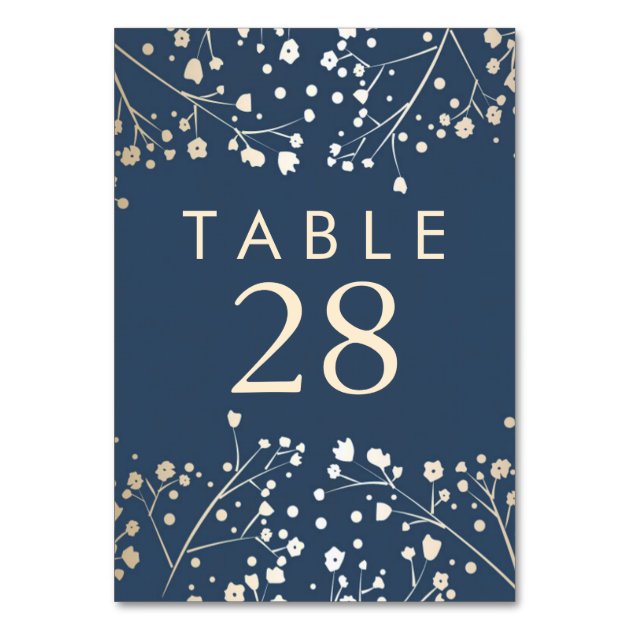 Gold Foil Baby's Breath Navy Wedding Table Numbers Card