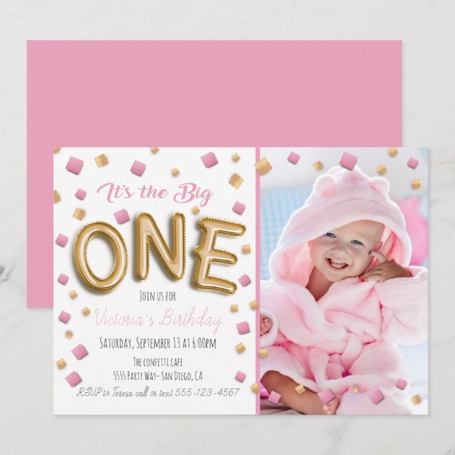 Gold Foil Ballon 1st Birthday Photo Invitation (Front/Back)