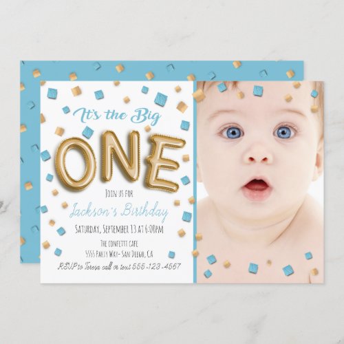 Gold Foil Ballon 1st Birthday Photo Invitation