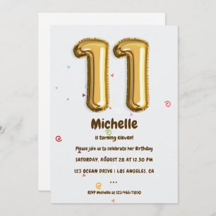Gold Foil Balloon and Confetti 11th Birthday Party Invitation