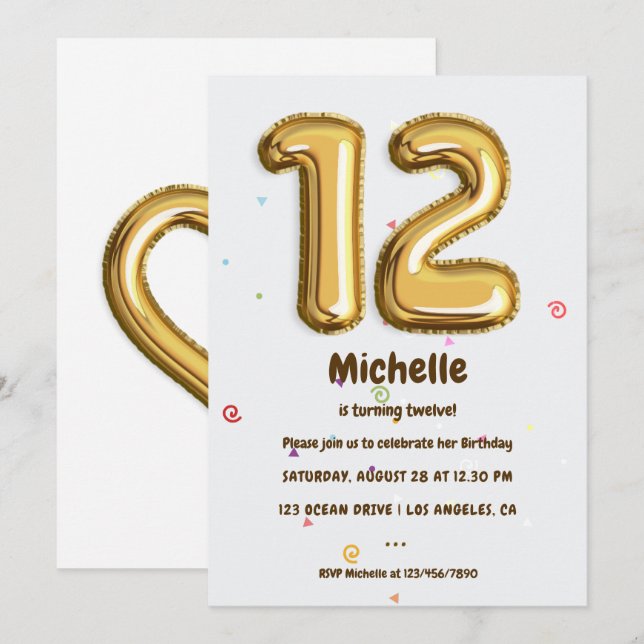 Gold Foil Balloon and Confetti 12th Birthday Party Invitation (Front/Back)