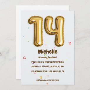 Gold Foil Balloon and Confetti 14th Birthday Party Invitation