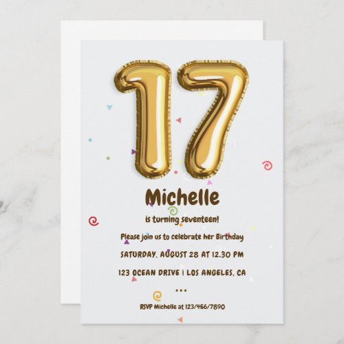 Gold Foil Balloon and Confetti 17th Birthday Party Invitation