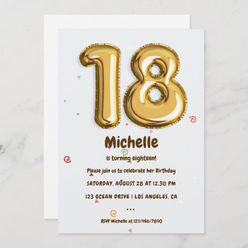 Gold Foil Balloon and Confetti 18th Birthday Party Invitation