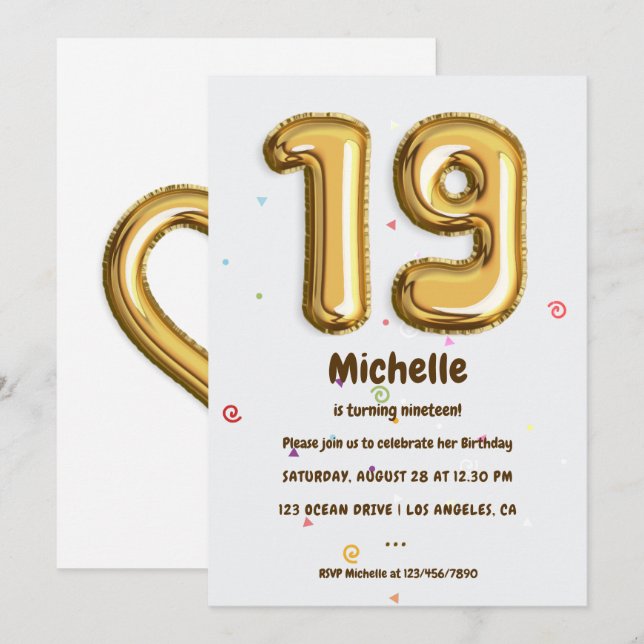 Gold Foil Balloon and Confetti 19th Birthday Party Invitation (Front/Back)