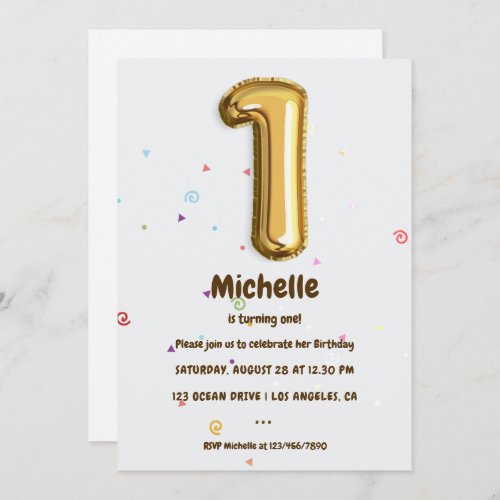 Gold Foil Balloon and Confetti 1st Birthday Party Invitation