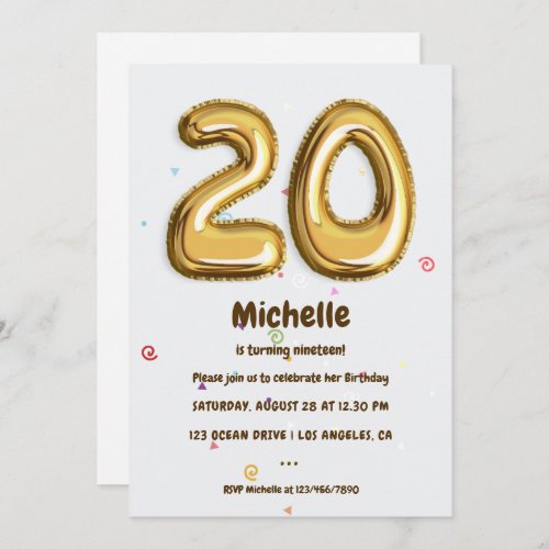 Gold Foil Balloon and Confetti 20th Birthday Party Invitation