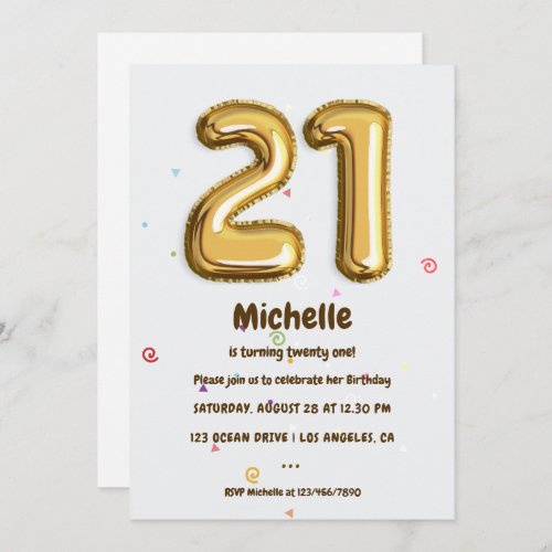 Gold Foil Balloon and Confetti 21st Birthday Party Invitation