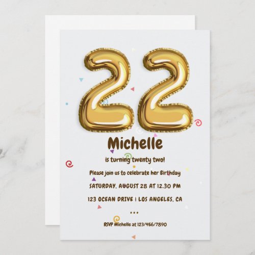 Gold Foil Balloon and Confetti 22nd Birthday Party Invitation