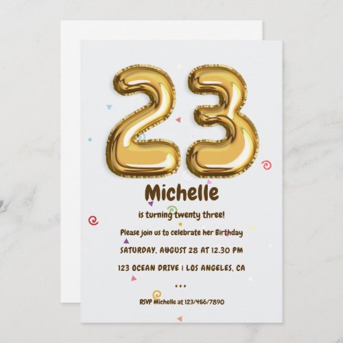 Gold Foil Balloon and Confetti 23nd Birthday Party Invitation