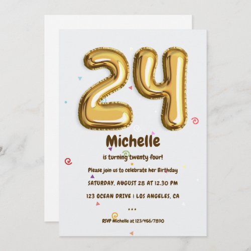 Gold Foil Balloon and Confetti 24th Birthday Party Invitation