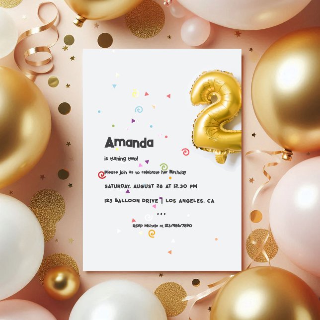 Gold Foil Balloon and Confetti 2nd Birthday Photo Invitation (Gold Foil Balloon and Confetti 2nd Birthday Photo Invitation)