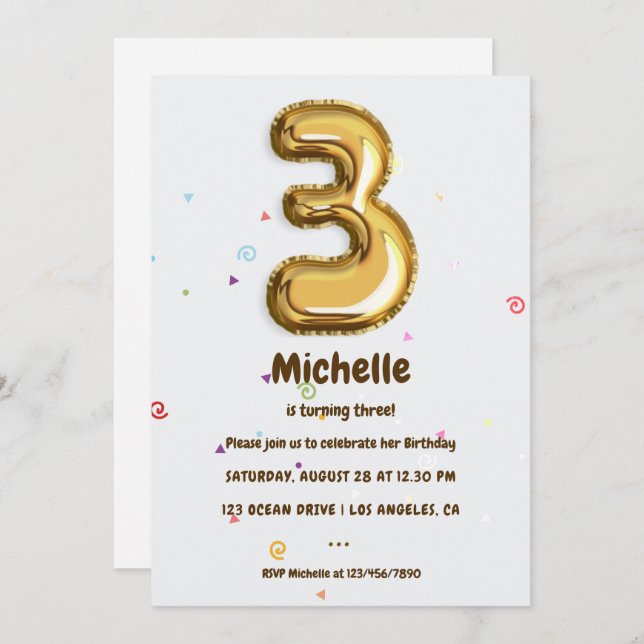 Gold Foil Balloon and Confetti 3rd Birthday Party Invitation (Front/Back)