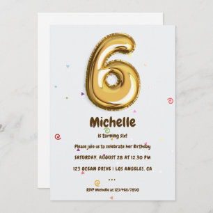 Gold Foil Balloon and Confetti 6th Birthday Party Invitation