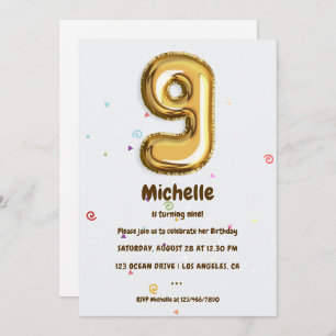 Gold Foil Balloon and Confetti 9th Birthday Party Invitation