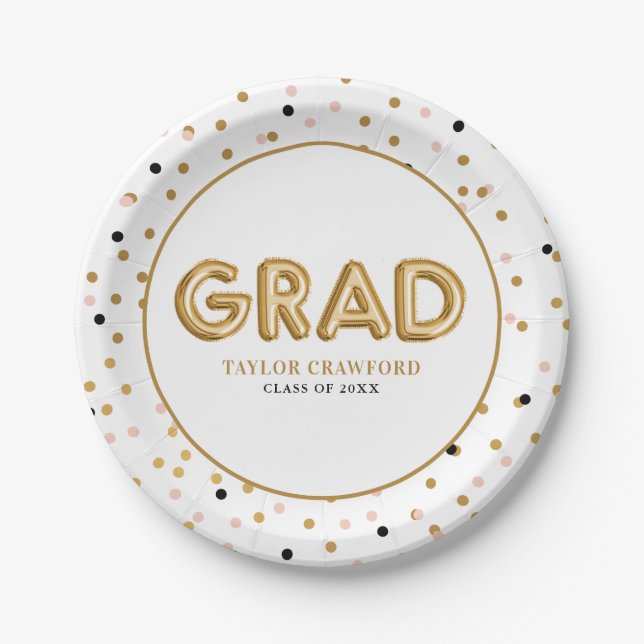 Gold Foil Balloon | Confetti Dots Graduation Paper Plates (Front)