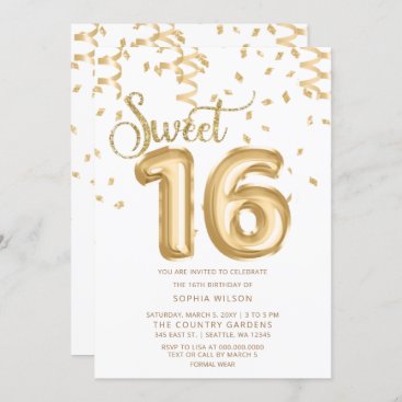 Gold Foil Balloon Sweet 16 Birthday Invitation