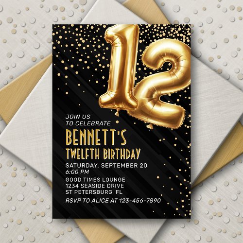 Gold Foil Balloons 12th Birthday Invitation