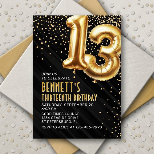 Gold Foil Balloons 13th Birthday Invitation