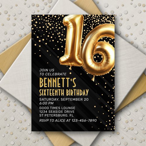 Gold Foil Balloons 16th Birthday Invitation