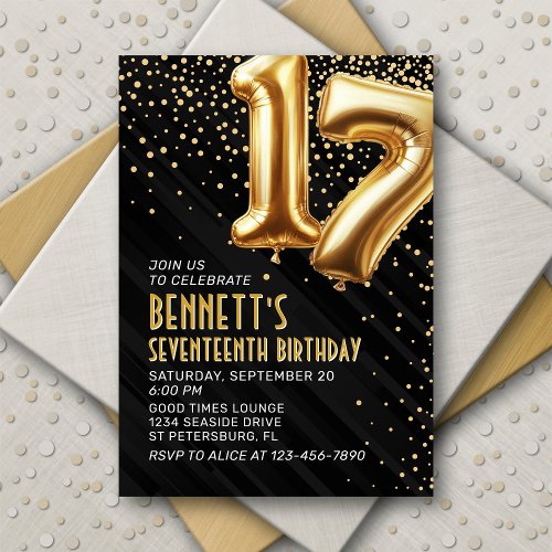 Gold Foil Balloons 17th Birthday Invitation