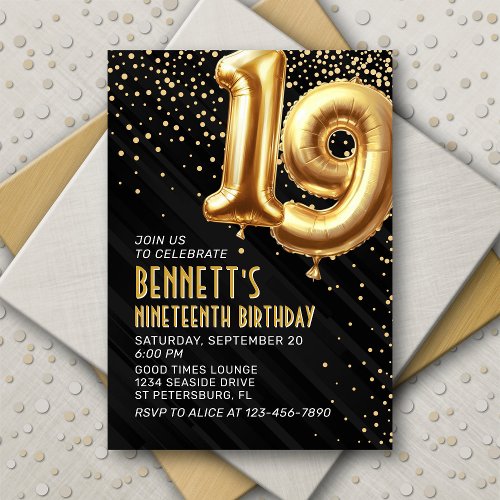 Gold Foil Balloons 19th Birthday Invitation